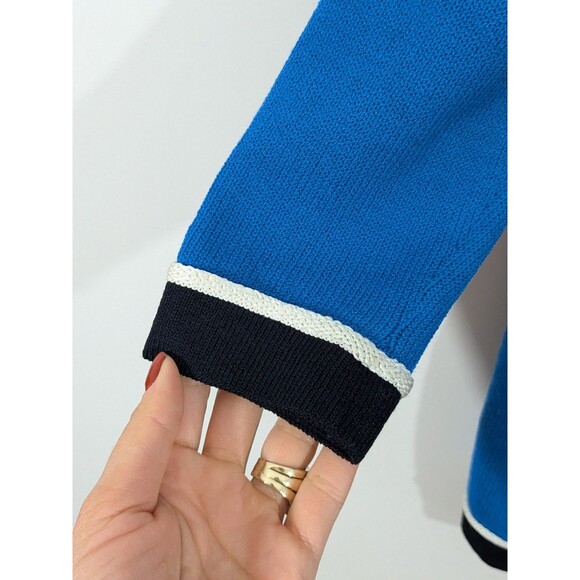 St. John Cardigan Sweater Sz M Open Front Blue Black Trim Santana Knit Pockets - Picture 6 of 8